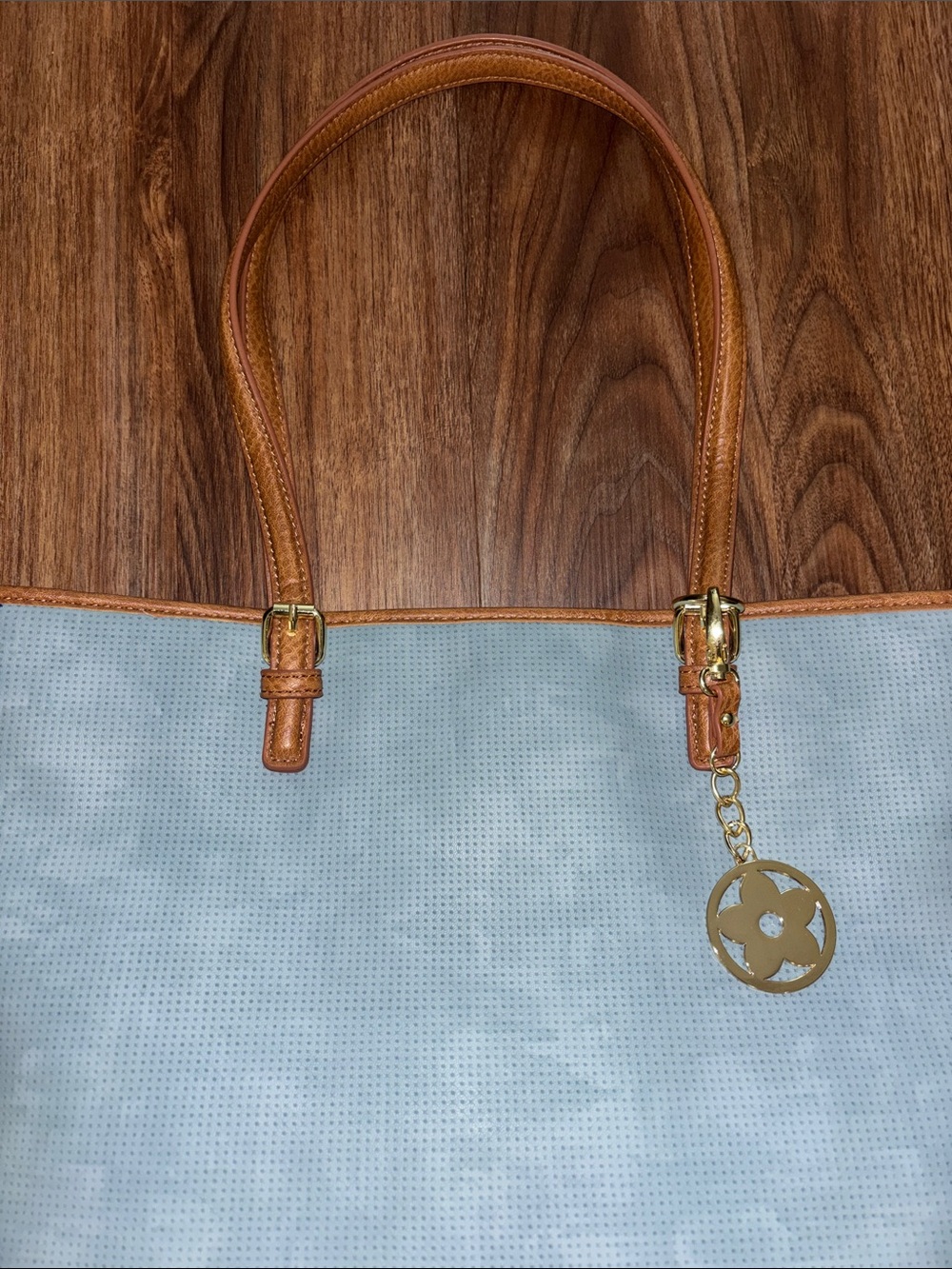 Bueno Light Blue Tote with Tan Trim and Gold Charm - Picture 2 of 5